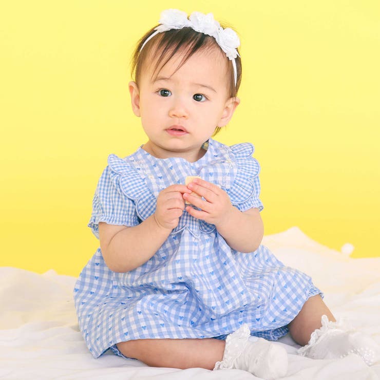 ブルー系 | 【お揃い】ハートギンガムチェックスカラップフリルワンピース+ブルマセットアップベ… | SLAP SLIP