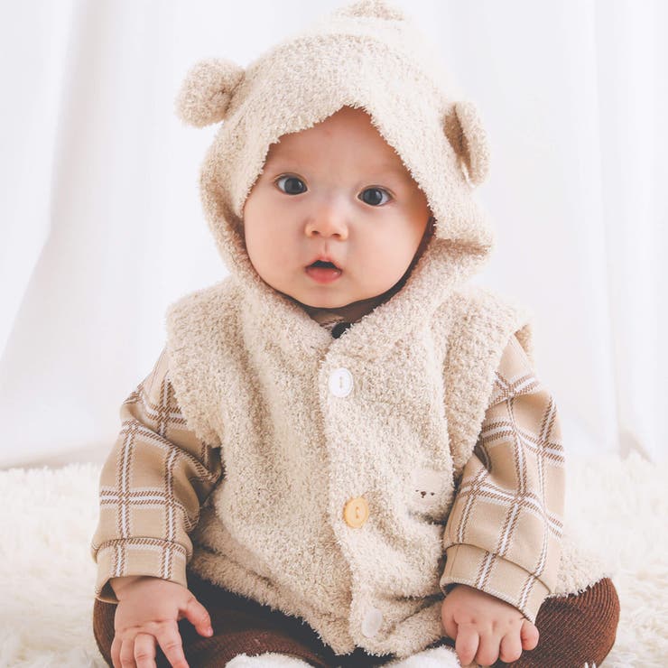 ベージュ | クマ耳付フードブークレニットベストベビー(70~80cm) | SLAP SLIP