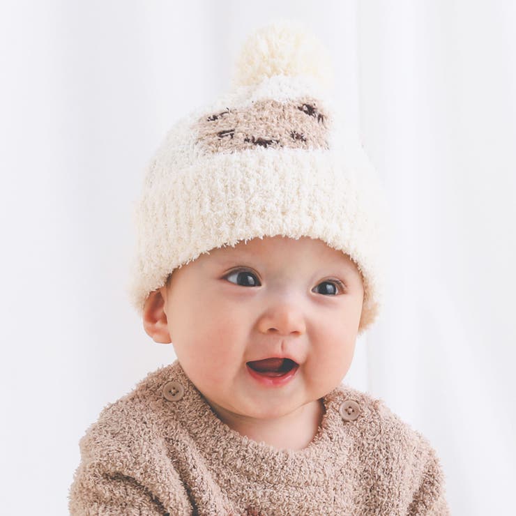 クマ(オフホワイト) | ボンボン付きクマイチゴ柄ブークレニット帽ベビー(44~48cm) | SLAP SLIP