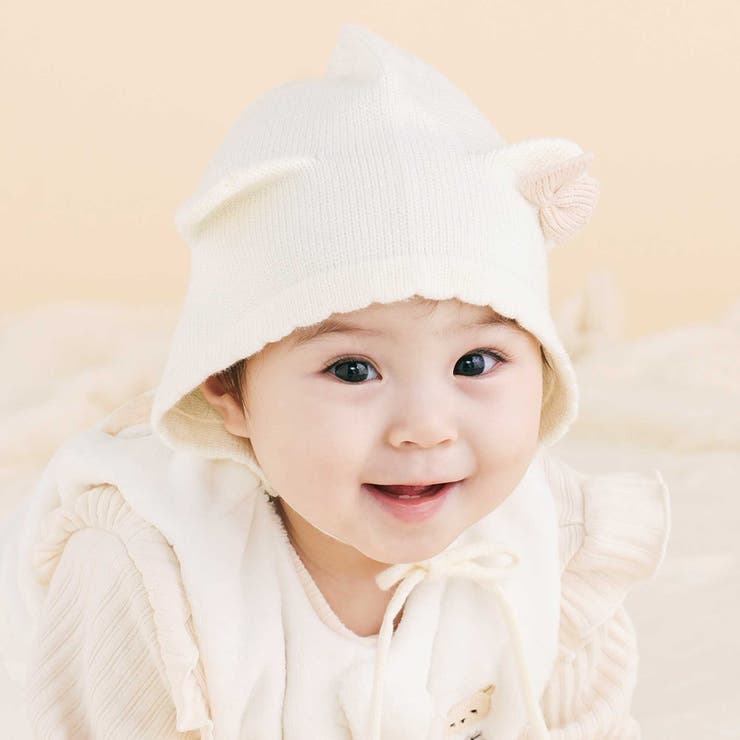 オフホワイト | リボン付きぴょっこりネコ耳ニット帽ベビー(44~48cm) | SLAP SLIP