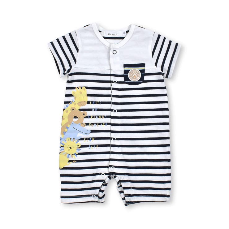 ネイビー系 | 【お揃い】アニマルプリントマルチボーダー半袖ロンパースベビー(60~80cm) | SLAP SLIP