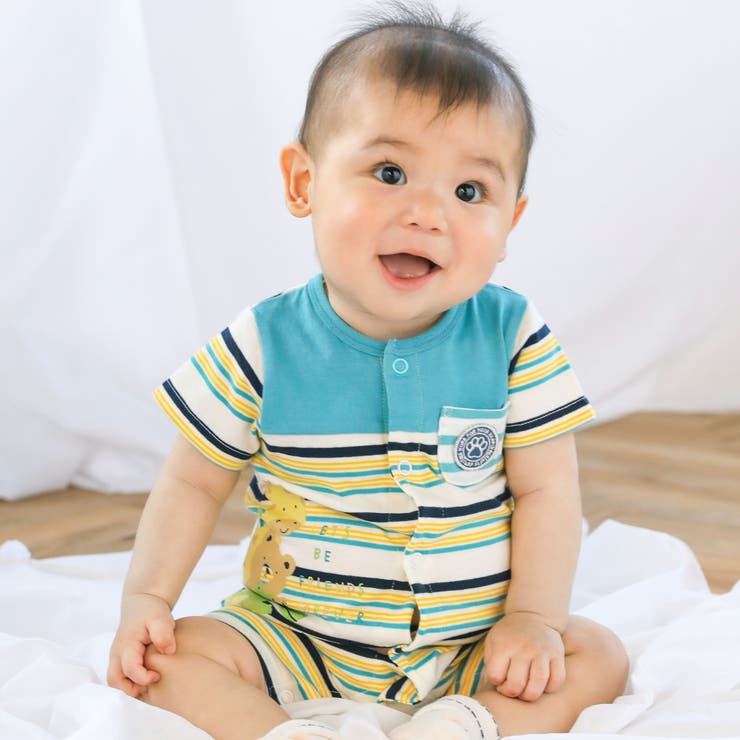 グリーン系 | 【お揃い】アニマルプリントマルチボーダー半袖ロンパースベビー(60~80cm) | SLAP SLIP