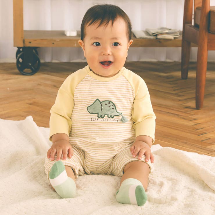 恐竜パッチ刺しゅうボーダー柄ラグラン2WAYロンパースベビー(50~70cm) | SLAP SLIP | 詳細画像4 