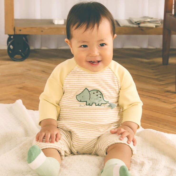 イエロー系 | 恐竜パッチ刺しゅうボーダー柄ラグラン2WAYロンパースベビー(50~70cm) | SLAP SLIP