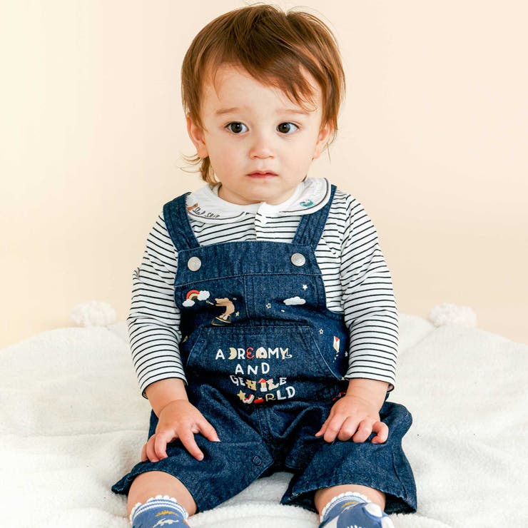 ネイビー | 【お揃い】デニムチェックフロントプリントサロペットベビー(70~80cm) | SLAP SLIP