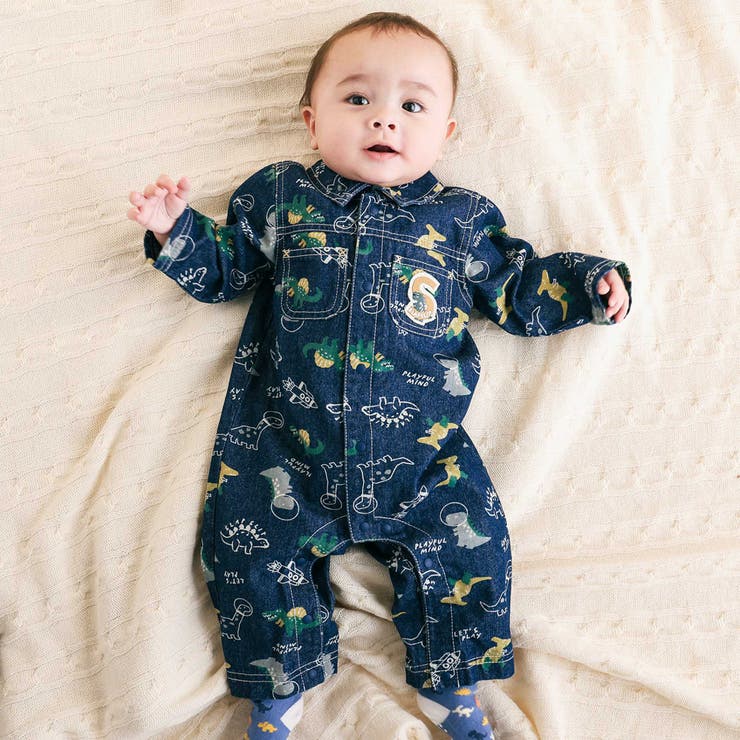 【お揃い】デニムツイル恐竜ロケット総柄ジャンプスーツベビー(70~80cm) | SLAP SLIP | 詳細画像1 