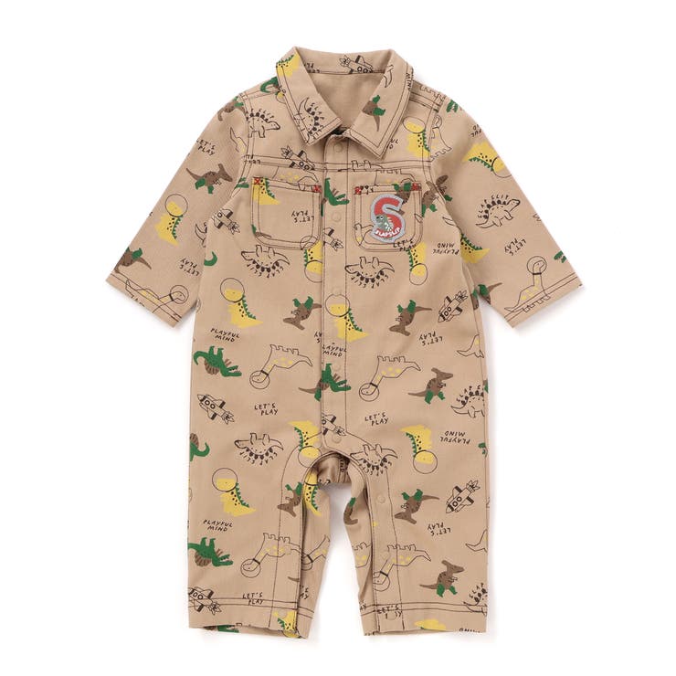 ベージュ系 | 【お揃い】デニムツイル恐竜ロケット総柄ジャンプスーツベビー(70~80cm) | SLAP SLIP