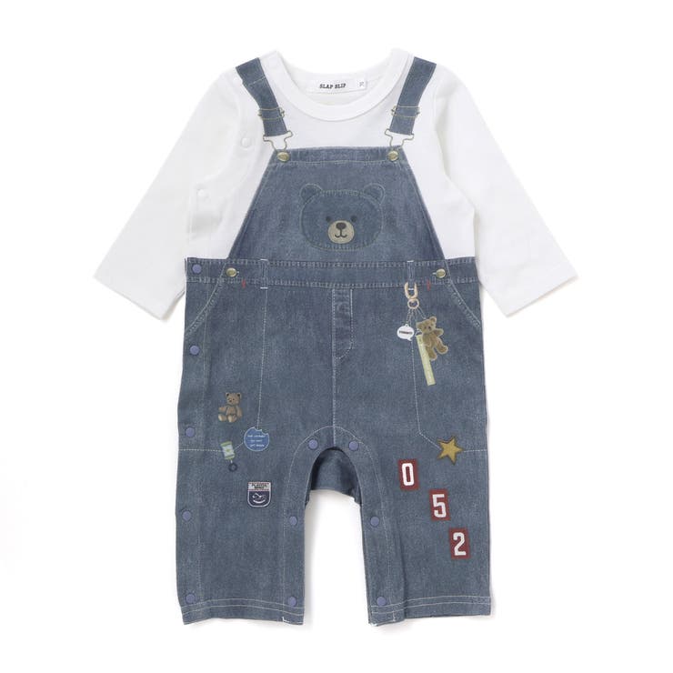 ネイビー | アニマルクマさんストライプサロペット重ね着風プリントロンパースベビー(60~80… | SLAP SLIP