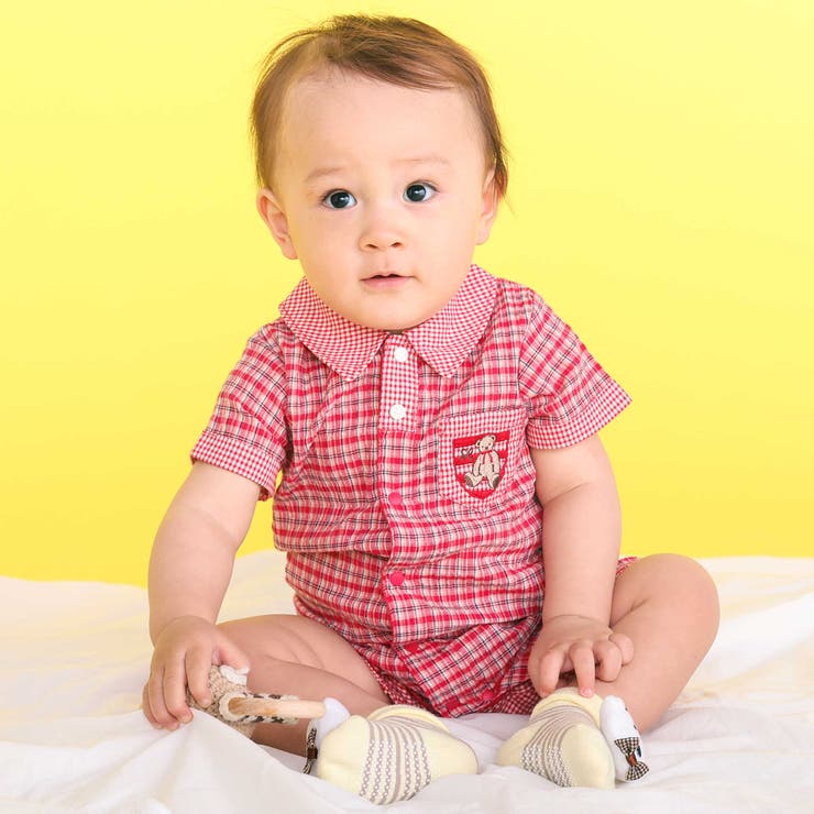クマアニマル刺しゅう胸ポケット襟付きチェック半袖ロンパースベビー(70~80cm… | SLAP SLIP | 詳細画像1 