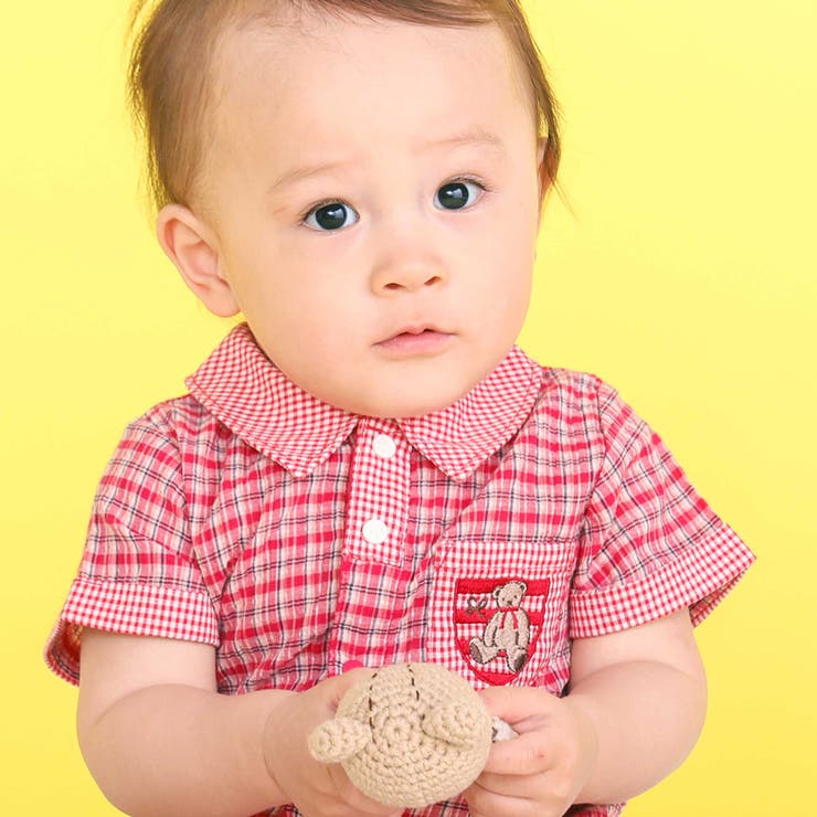 クマアニマル刺しゅう胸ポケット襟付きチェック半袖ロンパースベビー(70~80cm… | SLAP SLIP | 詳細画像3 