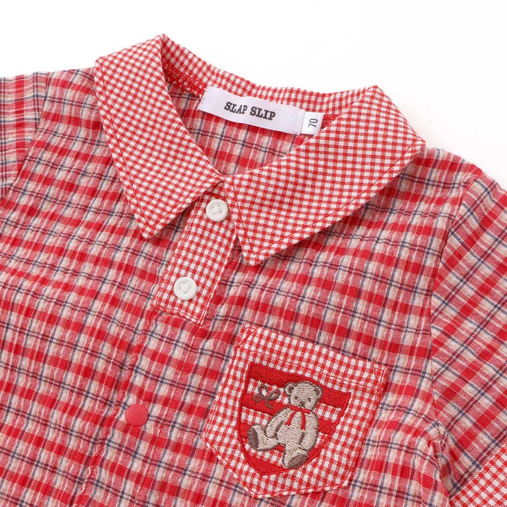 クマアニマル刺しゅう胸ポケット襟付きチェック半袖ロンパースベビー(70~80cm… | SLAP SLIP | 詳細画像7 