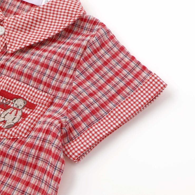 クマアニマル刺しゅう胸ポケット襟付きチェック半袖ロンパースベビー(70~80cm… | SLAP SLIP | 詳細画像9 