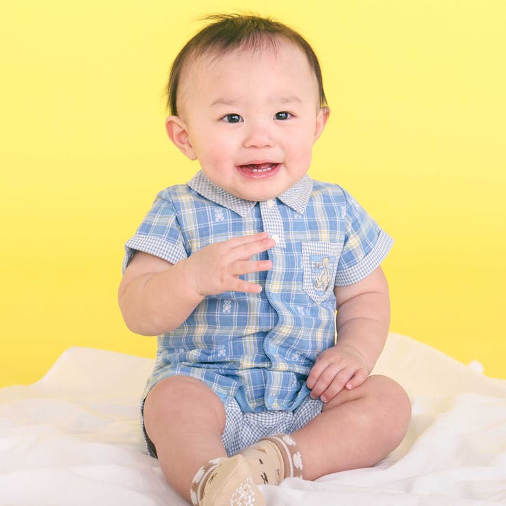ブルー系 | クマアニマル刺しゅう胸ポケット襟付きチェック半袖ロンパースベビー(70~80cm… | SLAP SLIP