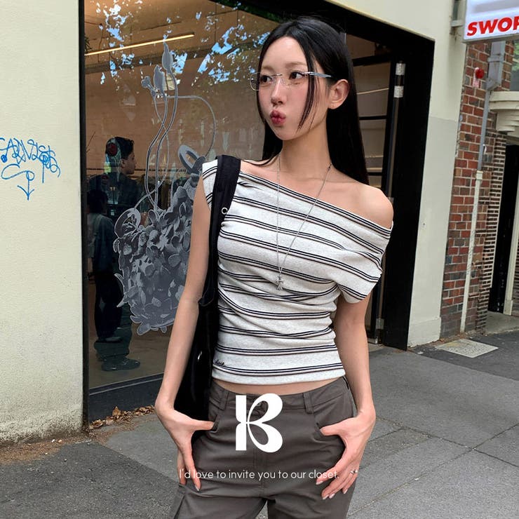 OATMEAL | クリ ストライプオフショルダー半袖Tシャツ ts1520 | BEIDELLI
