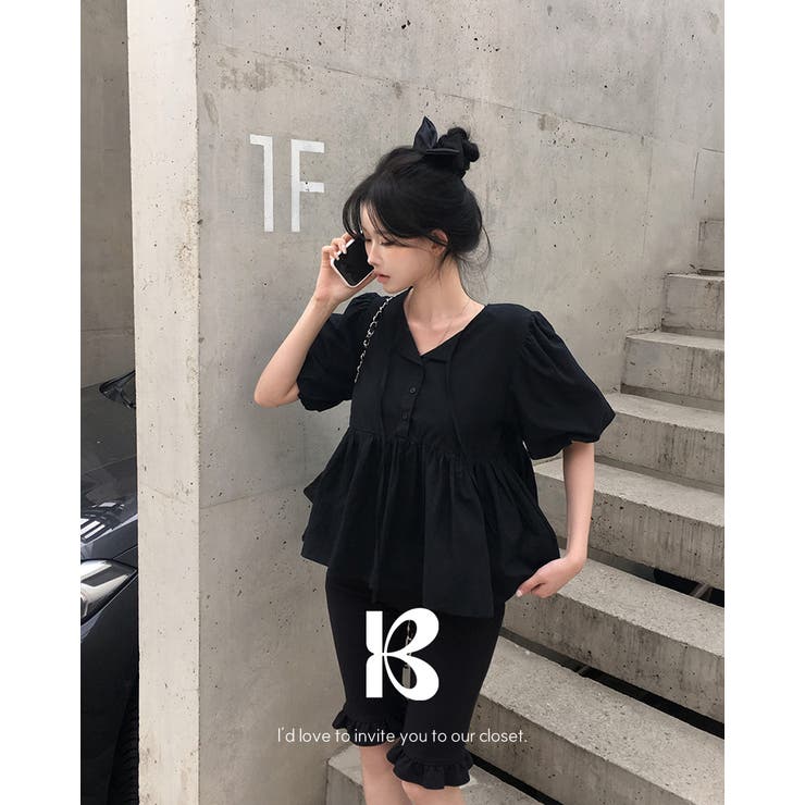 BLACK | エンマ、バルーンパフ半袖ブラウス bs1197 | BEIDELLI