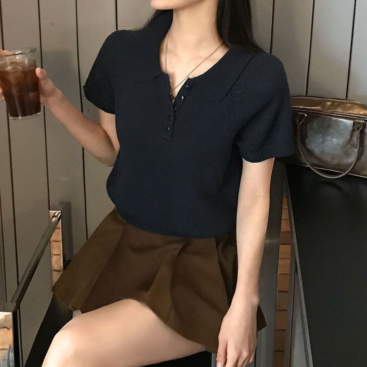 NAVY | カラーネックブクル半袖ニット nt1304 | BEIDELLI