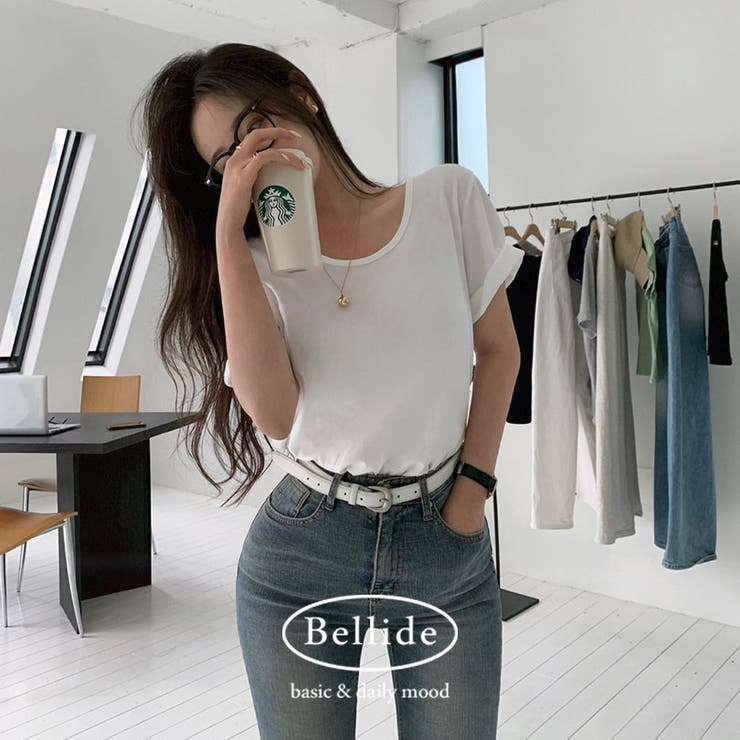 WHITE | ロールアップUネック半袖Tシャツ ts1351 | BEIDELLI