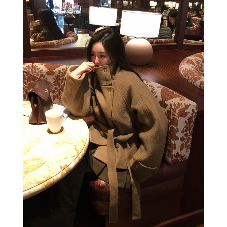 ベージュ | センターウエスト紐ウールショートコート | BEIDELLI