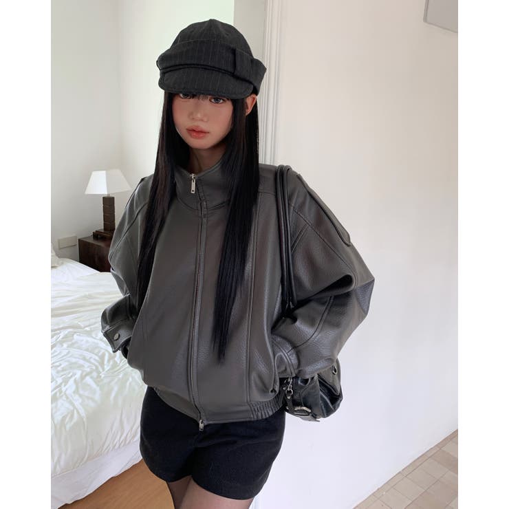 CHARCOAL | リブン ハイネックレザーボリュームジャンパー DS26253 | BEIDELLI