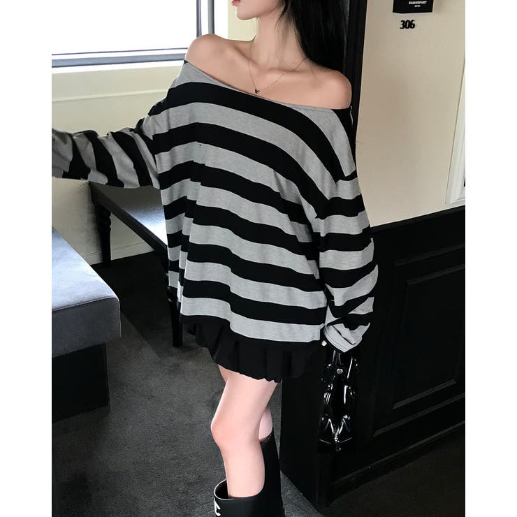 カミング、ストライプオフショルダーTシャツ ts1402 | BEIDELLI | 詳細画像2 