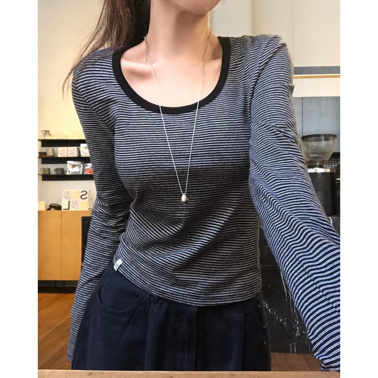 BLACK | ウィドゥン ストライプUネック長袖Tシャツ DS26237 | BEIDELLI