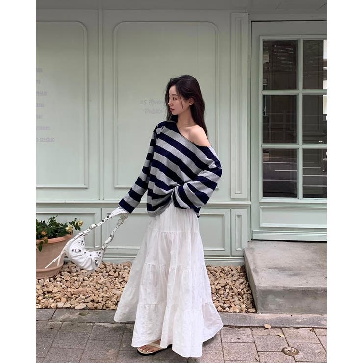 NAVY | カミング、ストライプオフショルダーTシャツ ts1402 | BEIDELLI