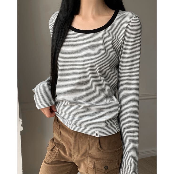 WHITE | ウィドゥン ストライプUネック長袖Tシャツ DS26237 | BEIDELLI