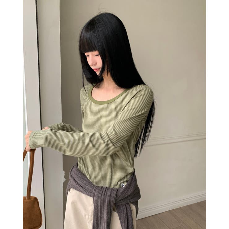 KHAKI | ウィドゥン ストライプUネック長袖Tシャツ DS26237 | BEIDELLI