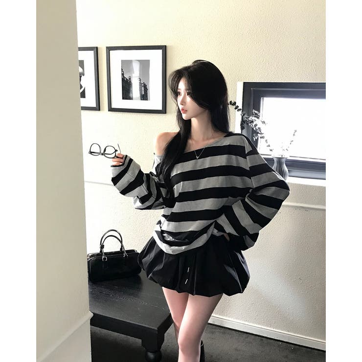 BLACK | カミング、ストライプオフショルダーTシャツ ts1402 | BEIDELLI