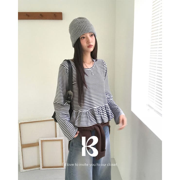 ウーブ、ボーダーフリル長袖Tシャツ ts1436 | BEIDELLI | 詳細画像1 