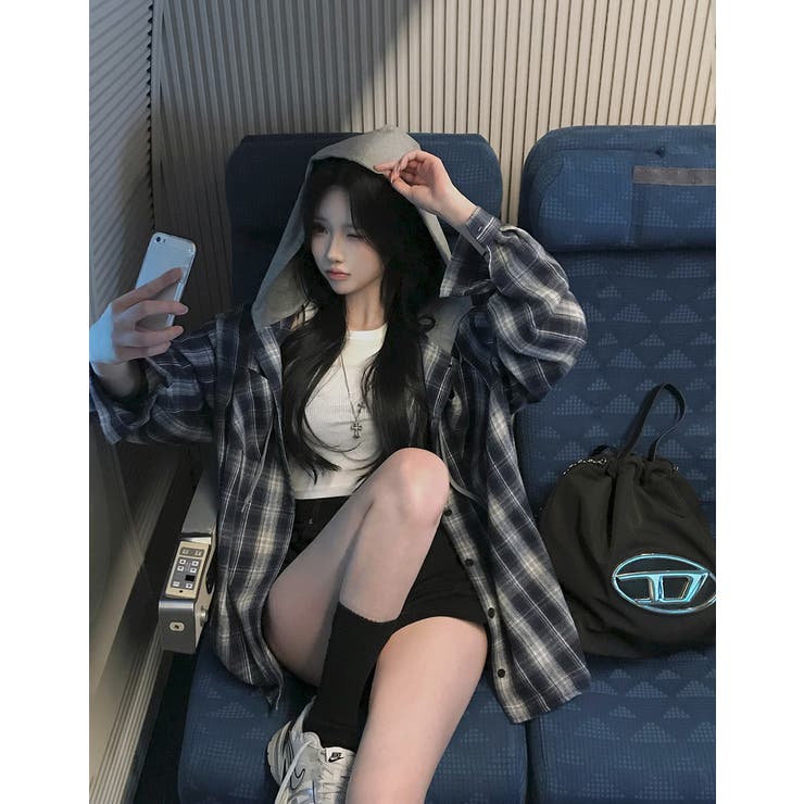 フード付き、ルーズフィットチェックシャツ bs1188 | BEIDELLI | 詳細画像7 