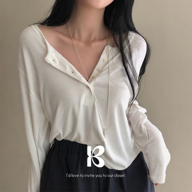 WHITE | ひらひら、リブオープンボタンTシャツ ts1293 | BEIDELLI