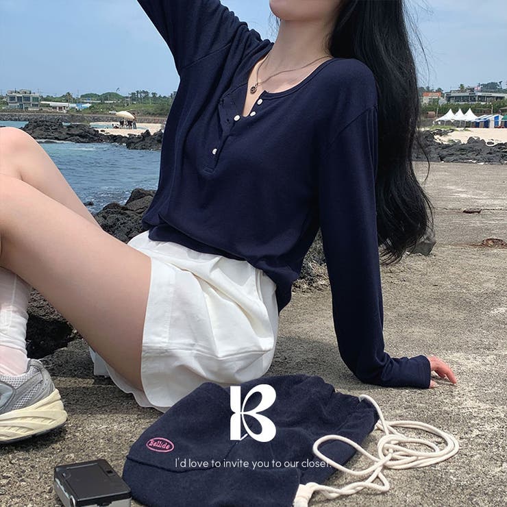 NAVY | ひらひら、リブオープンボタンTシャツ ts1293 | BEIDELLI
