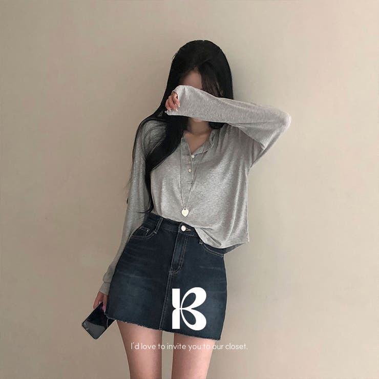 GRAY | ひらひら、リブオープンボタンTシャツ ts1293 | BEIDELLI