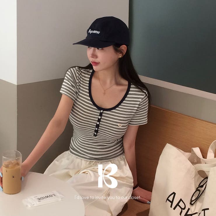NAVY | ワウ、ストライプUネック半袖Tシャツ ts1423 | BEIDELLI