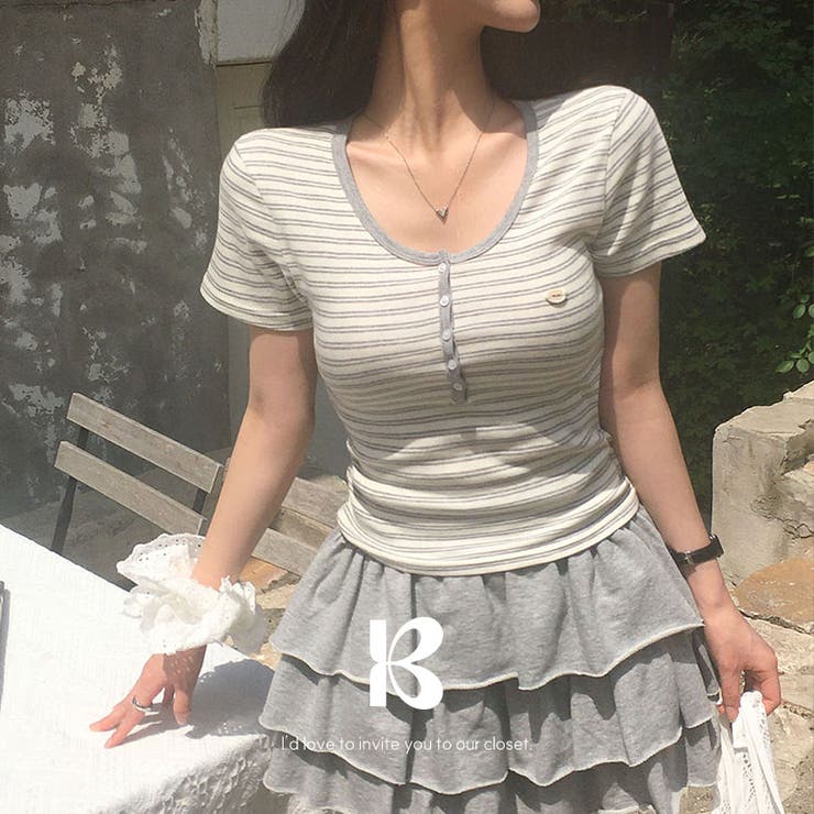 GRAY | ワウ、ストライプUネック半袖Tシャツ ts1423 | BEIDELLI
