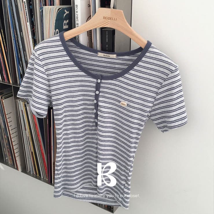 BLUE | ワウ、ストライプUネック半袖Tシャツ ts1423 | BEIDELLI