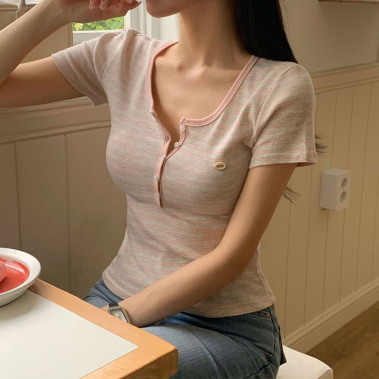 PINK | ワウ、ストライプUネック半袖Tシャツ ts1423 | BEIDELLI