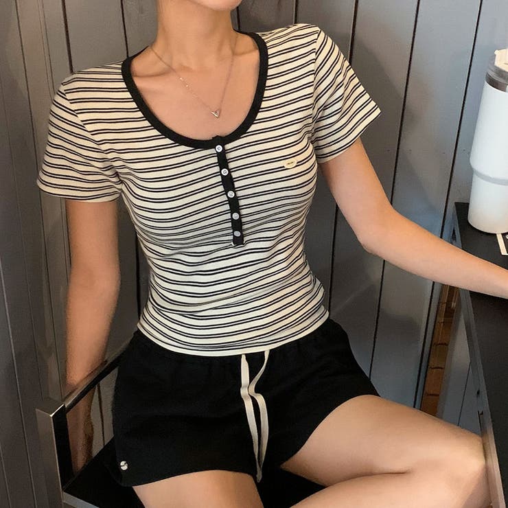 BLACK | ワウ、ストライプUネック半袖Tシャツ ts1423 | BEIDELLI