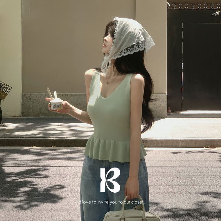 グリーン | ラッフル、フリルニットキャミソール・ノースリーブ ts1392 | BEIDELLI
