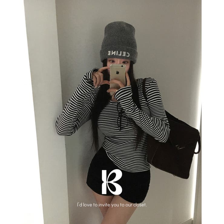 ブラック | クッキー、ストライプフィンガーホールTシャツ ts1384 | BEIDELLI