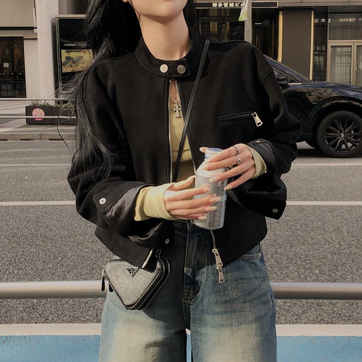 ブラック | バンドカラー、スエードクロップジャケット jk1144 | BEIDELLI