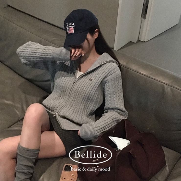 グレー | ペンダント付き、ケーブルニットジップアップ jp1177 | BEIDELLI