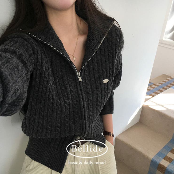 チャコール | ペンダント付き、ケーブルニットジップアップ jp1177 | BEIDELLI