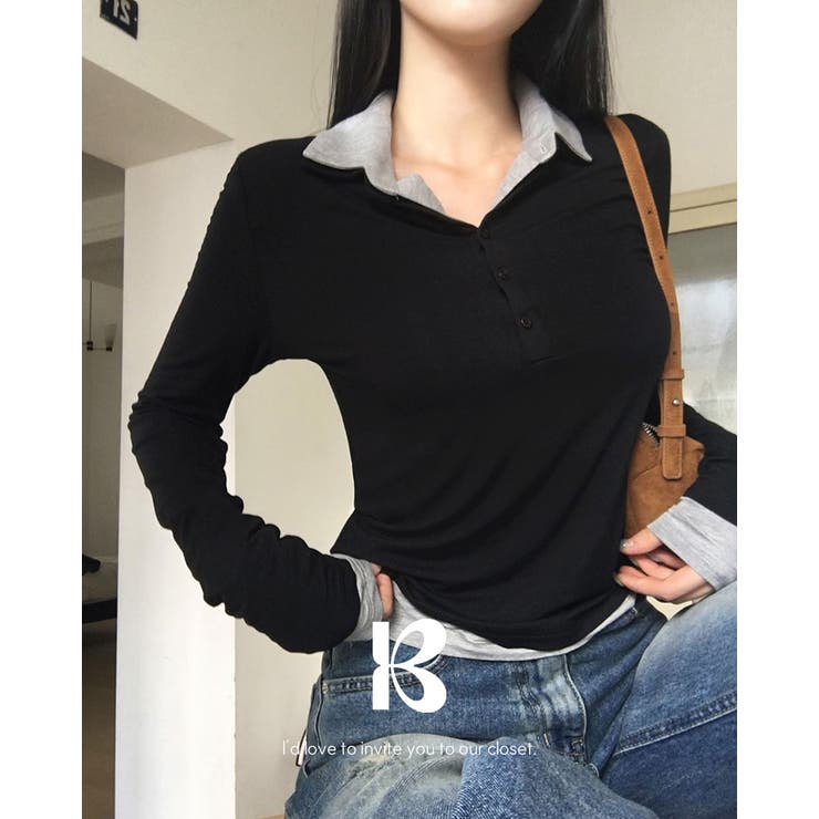 ブラック | ペッパー カラー付きロングスリーブTシャツ ts1408 | BEIDELLI