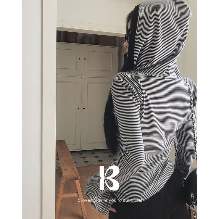 ブラック | ボーダーフーディー長袖Tシャツ ts1454 | BEIDELLI