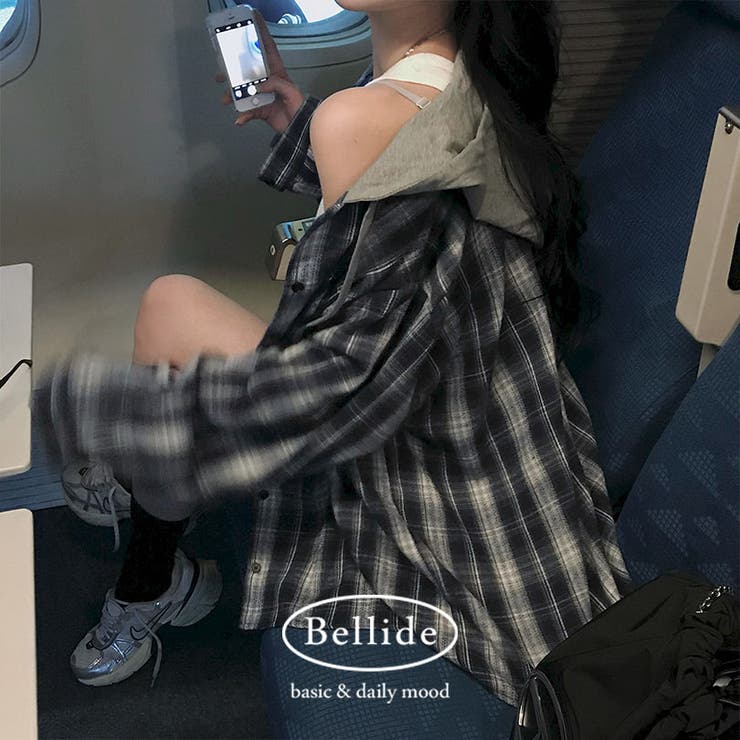 ネイビー | フード付き、ルーズフィットチェックシャツ bs1188 | BEIDELLI