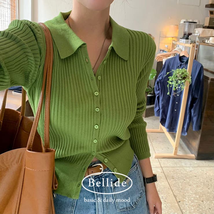 オリーブ | ビビッド、カラーネックリブニットカーディガン cd1245 | BEIDELLI