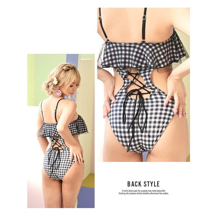 M~XL★可愛い ギンガムチェック ツーピース風 モノキニ rw0071 w9088-0.jpg