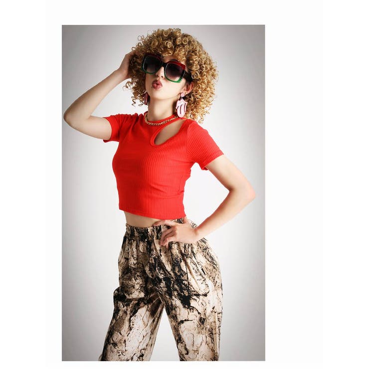 レッド | 半袖Tシャツ カットソー リブニット素材 | bombshell